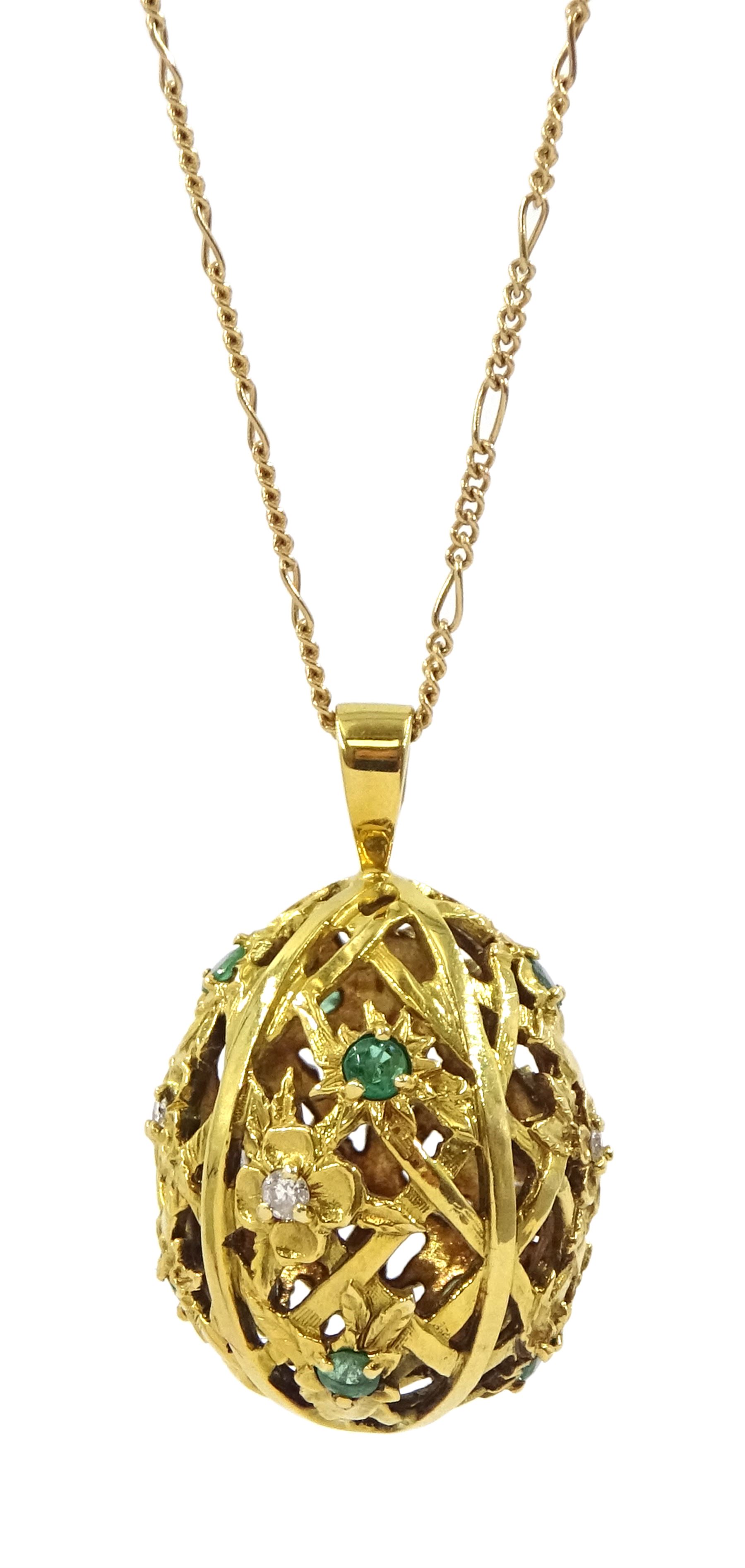 Igor Carl Faberge for Franklin Mint 14ct gold emerald and round brilliant cut diamond egg pendant, London import mark 1984, boxed