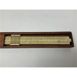 Pair of turned wooden goblets, six hardstone eggs, vintage slide rule and a leather letter rack, etc