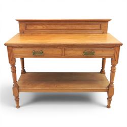 Edwardian oak serving table, raised panelled back over moulded rectangular top, fitted wit...