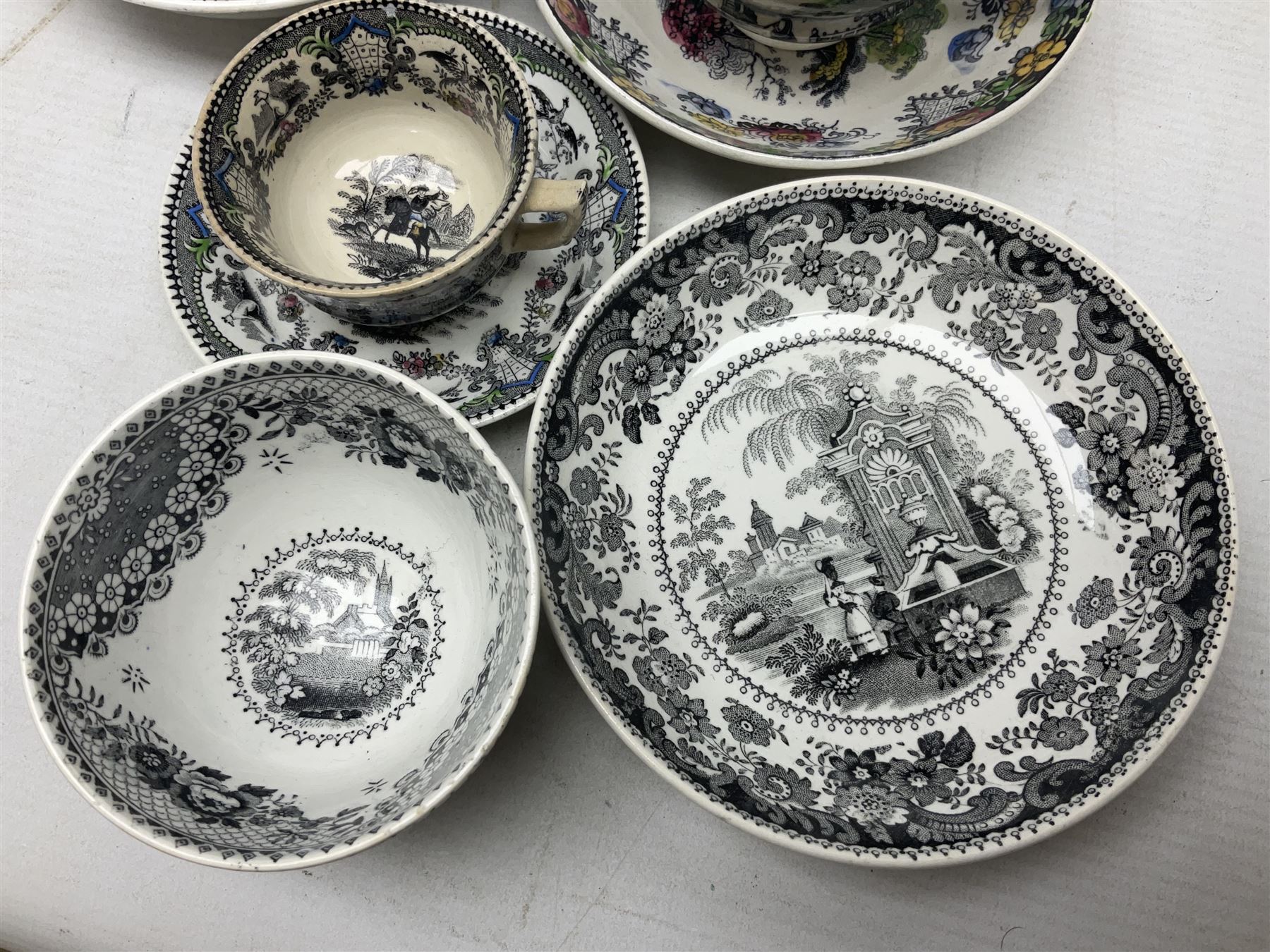 Collection of 19th century tea wares by William Smith & Co, decorated in various patterns including Cupid, Tally Ho and Fountain 