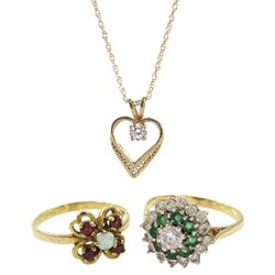 Gold opal and garnet cluster ring, gold stone set cluster ring and a stone set heart pendant necklace, all 9ct hallmarked or tested