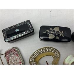 Two Victorian papier-mâché snuff boxes with inlaid mother of pearl decoration, together with a similar snuff box, vesta with geometric floral design, and a collection of Victorian and later hair pins 