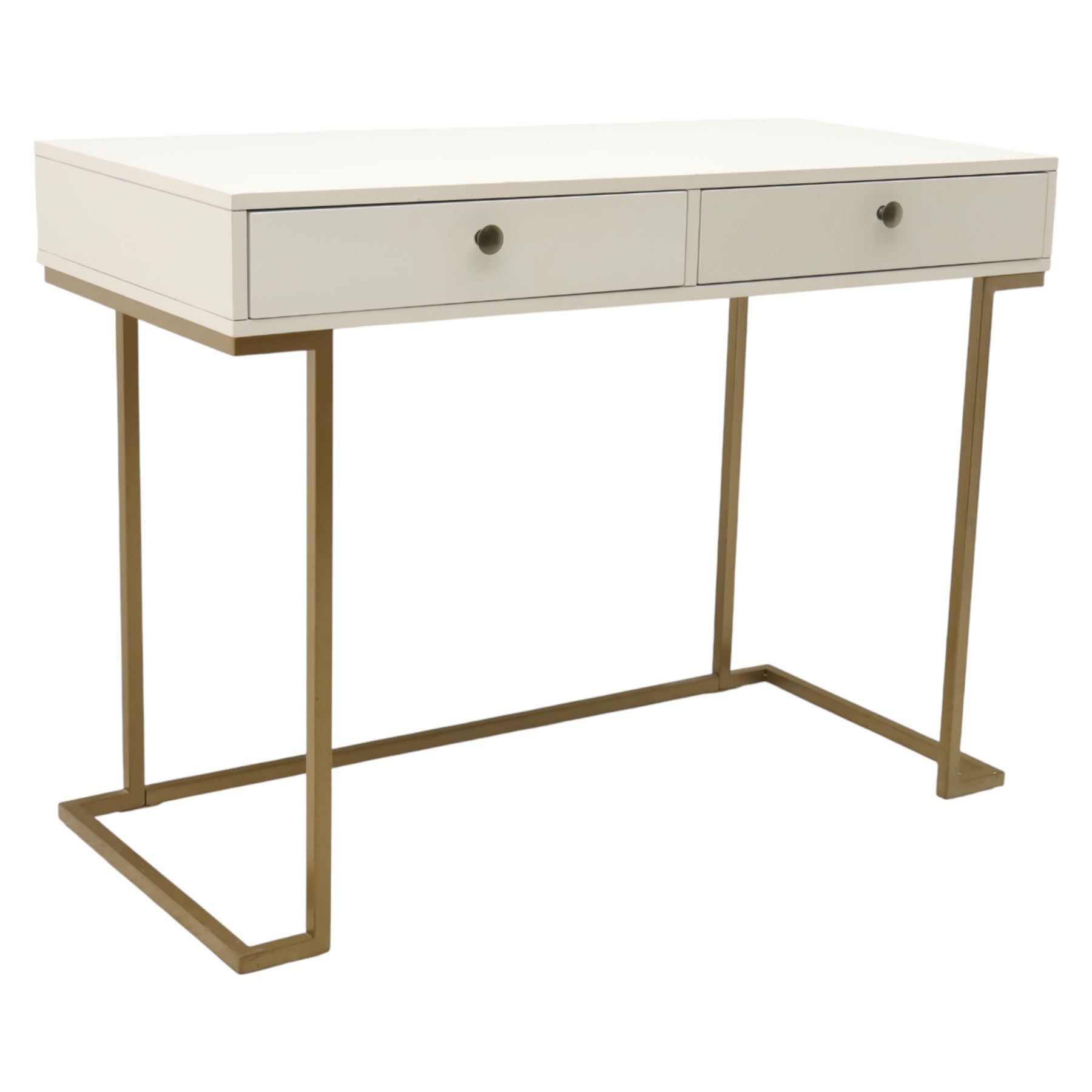 Modern white dressing table, rectangular top above two frieze drawers with bronze metal handles, upon square metal supports