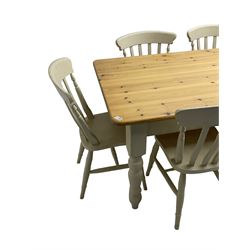 Farmhouse style painted pine kitchen dining table and set six farmhouse style chairs