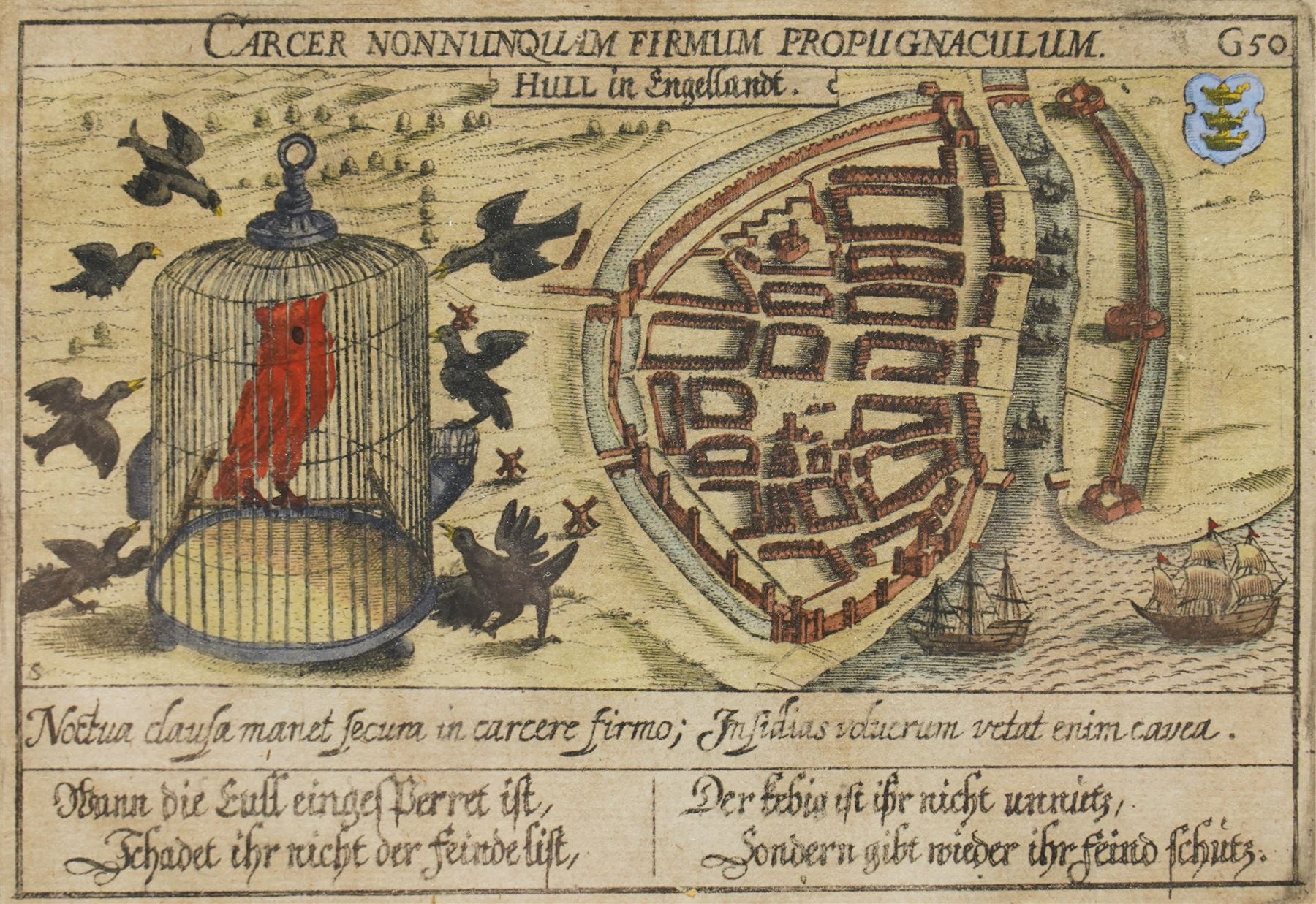 Daniel Meisner (German 1585-1625): 'Hull in Engellandt', 17th century engraved emblematic town plan or map with hand-colouring, featuring a birdcage allegory and Latin and German motto text, from Sciographia Cosmica, pub. Frankfurt c.1623, 13cm x 17cm
