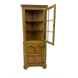 Traditional light oak corner cabinet, projecting cornice, dentil frieze, single glazed door above single fielded door