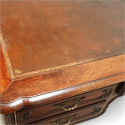 19th-century French mahogany Bureau Plat, inset tooled leather top over three frieze drawers, shaped apron, and cabriole legs carved with acanthus detail 