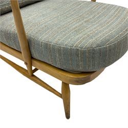 Ercol - 1960s '203' beech easy armchair, with upholstered loose cushions in striped fabric 