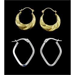 Pair of white gold hoop earrings and a pair of yellow gold hoop earrings, both 9ct