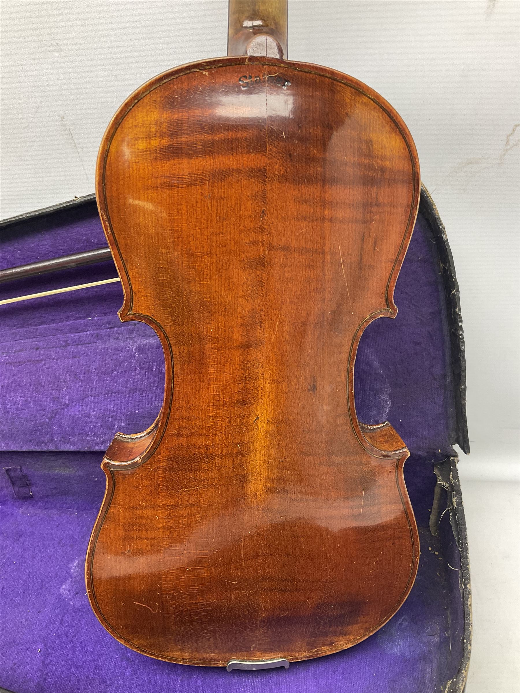German trade violin c1900 the 36cm two-piece maple back impressed 'Stainer', maple ribs and spruce top, bears label 'Jacobis Stainer in Absam prope Oenipontum 17**' L59cm; in carrying case marked 'The Improved Dome' with bow