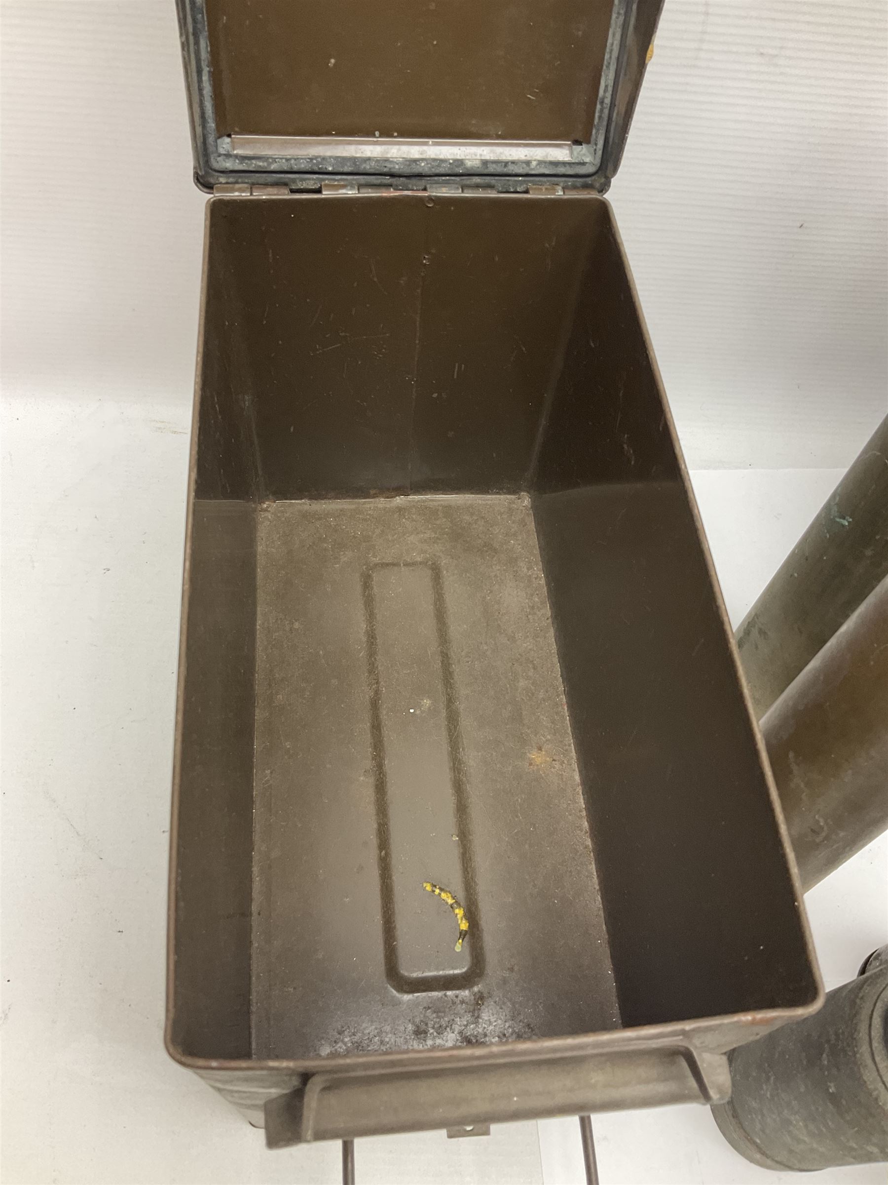 Large collection of shell and bullet casings, including a trench art example, together with a metal cartage case and wooden case