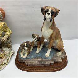 Three Border Fine Arts figures including Boxer with Pups, Capodimonte figure of a drunken pirate, and a brass dog (5)
