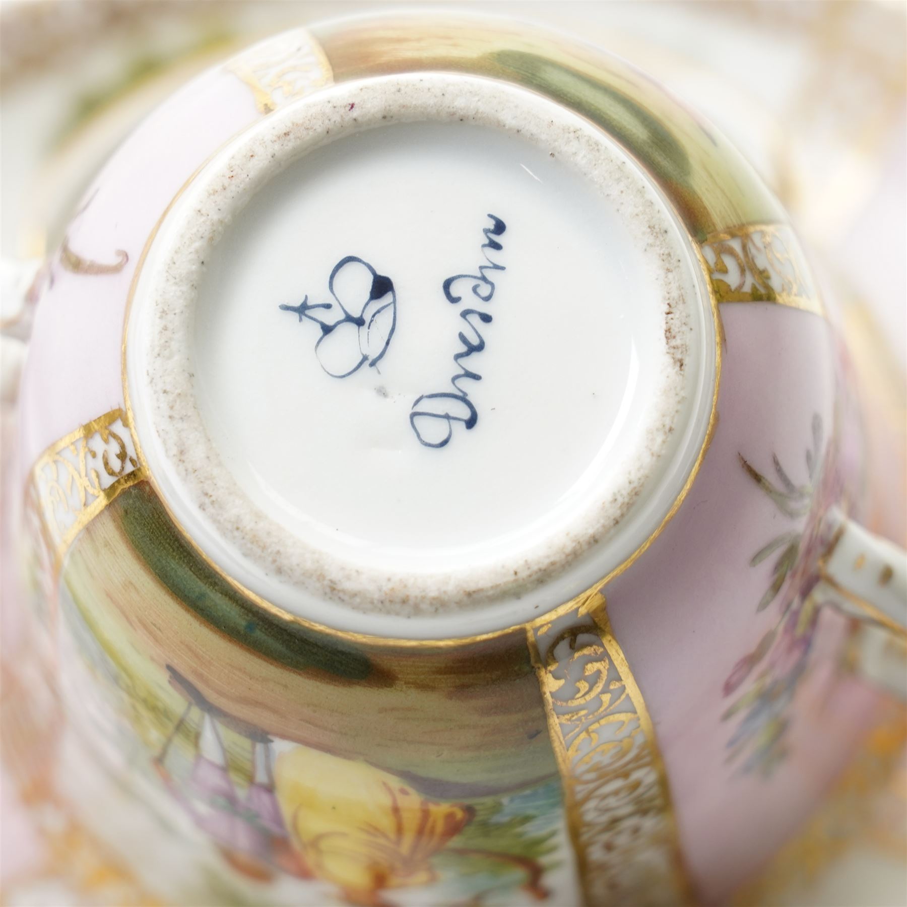 Collection of Helena Wolfsohn Dresden porcelain works, comprising a quatrefoil dish, D24cm, a chocolate cup with socketed saucer, two teacups, one with saucer, and a pair of twin-handled covered cups, each decorated with panels of flowers and courting scenes, various blue marks to bases