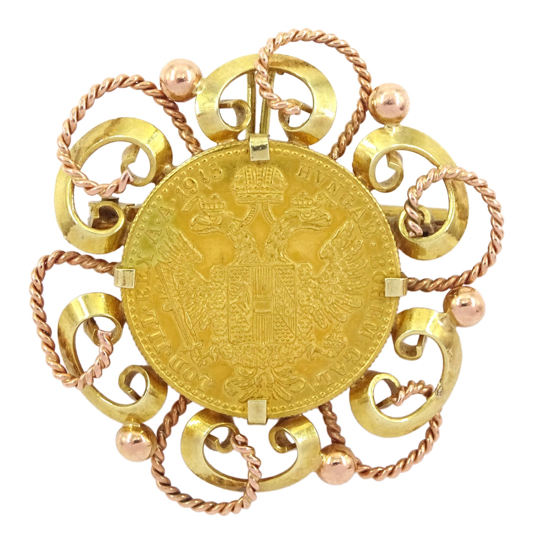 Austria 1915 gold 10 Franc coin, loose mounted in 14ct rose and yellow gold brooch