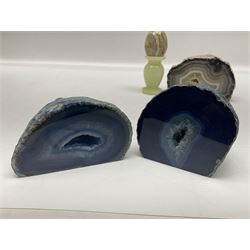 Three polished agate geodes, including two blue examples, together with two agate slice, four hardstone trinket boxes and an agate egg on onyx plinth, largest geode H7cm
