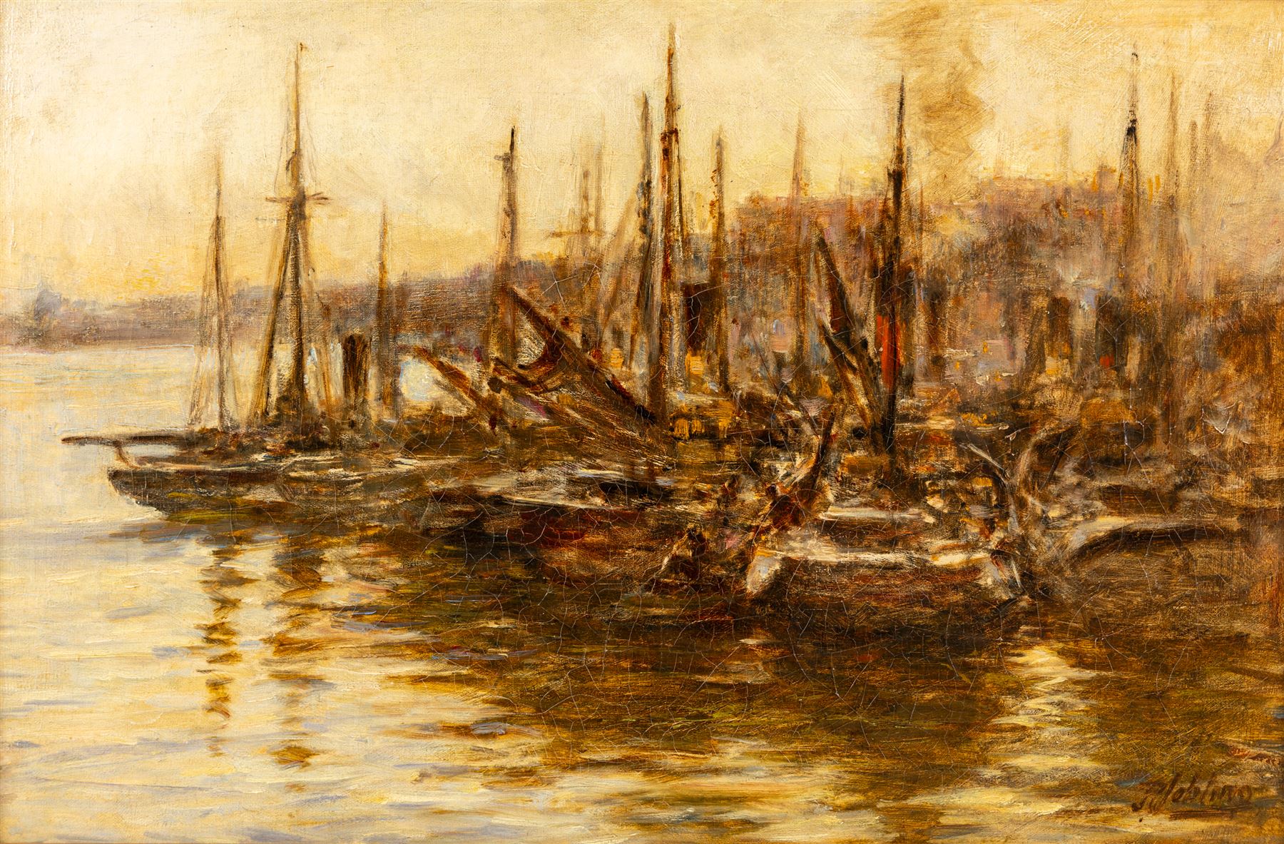 Robert Jobling (Staithes Group 1841-1923): Boats Moored on the Tyne, oil on canvas signed 34cm x 52cm