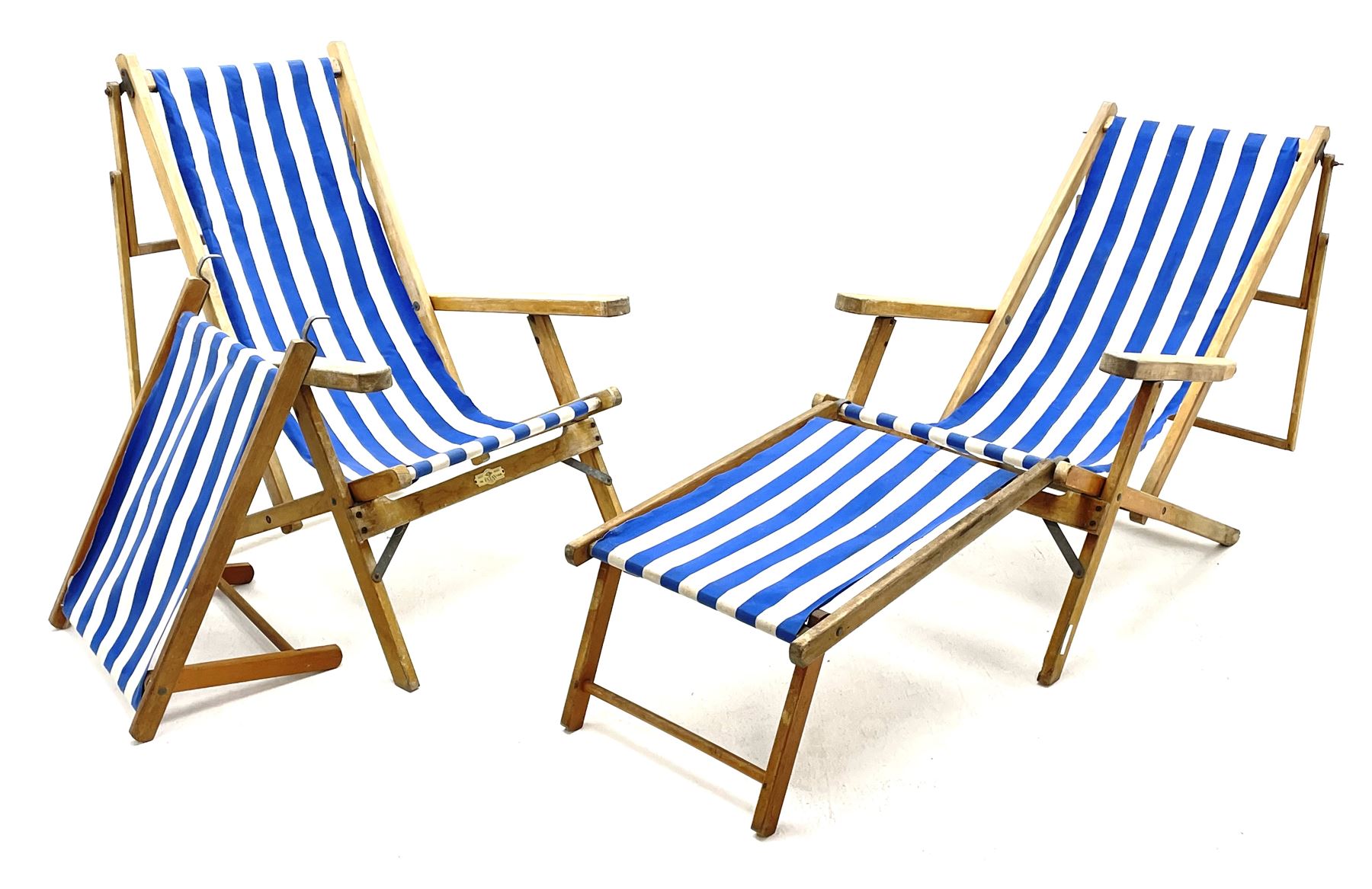 Geebro - ‘The Ocean Chair’ two vintage beech framed folding deck chairs with blue and white striped fabric 