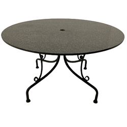 Neptune Furniture - Boscombe black granite and black powder coated steel garden table with circular top, and set five matching black steel garden chairs with loose cushions, with parasol and base.