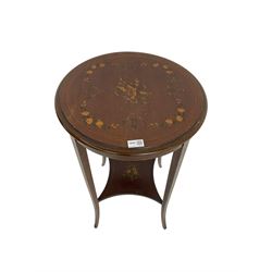 Greenwood and Sons York - early 20th century mahogany side or lamp table, decorated with floral garlands and central musical instrument motifs, with square tapering supports joined by an under-tier 