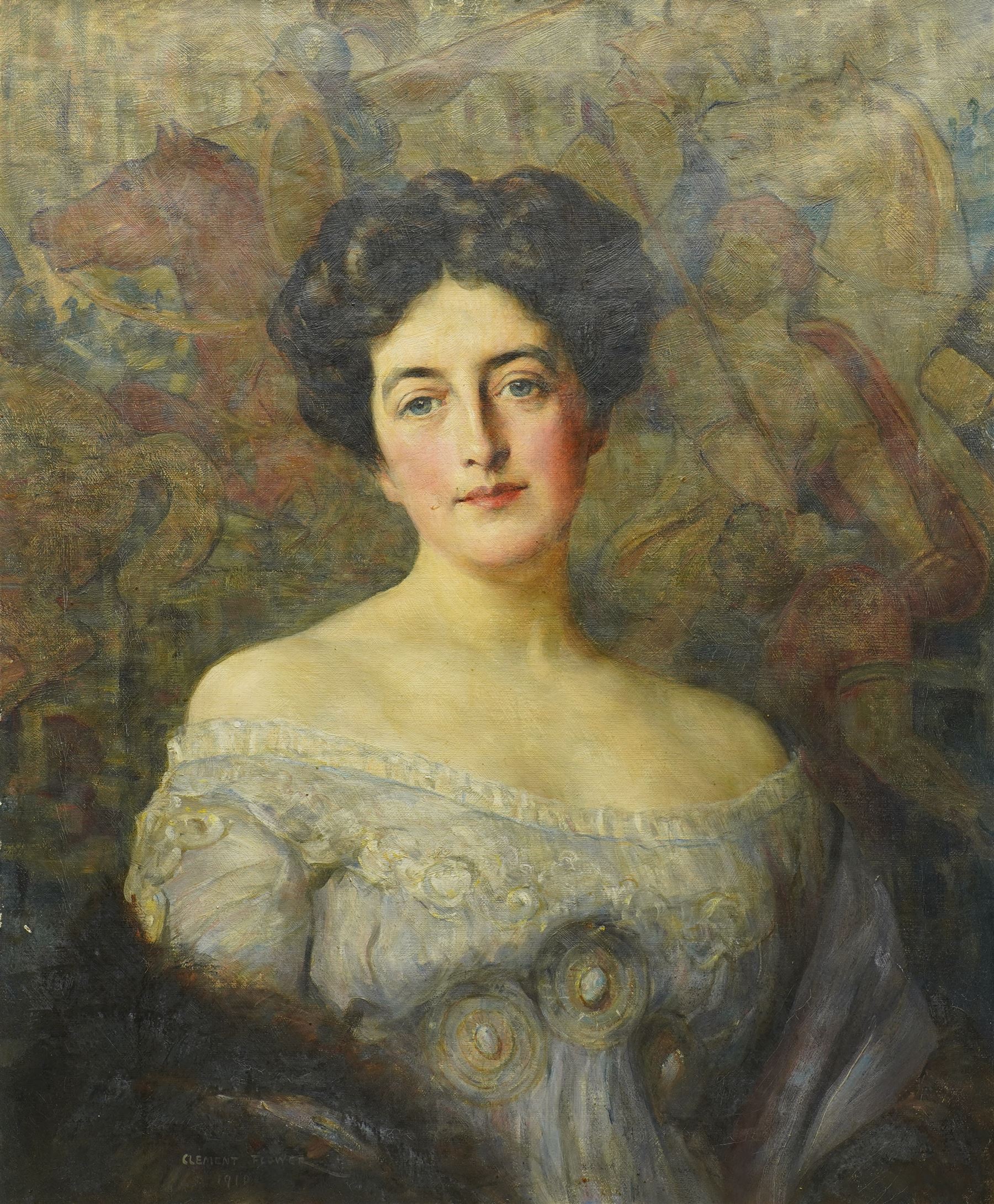 Clement B Flower (British Late 19th to Early 20th century): Portrait of an Edwardian Lady 'Miss Diane Jackson' with a Medieval Tapestry Behind, oil on canvas signed and dated 1910, labelled verso 75cm x 62cm
Notes: Clement Flower was a student at Hubert von Herkomer's art school in Bushey, Hertfordshire
