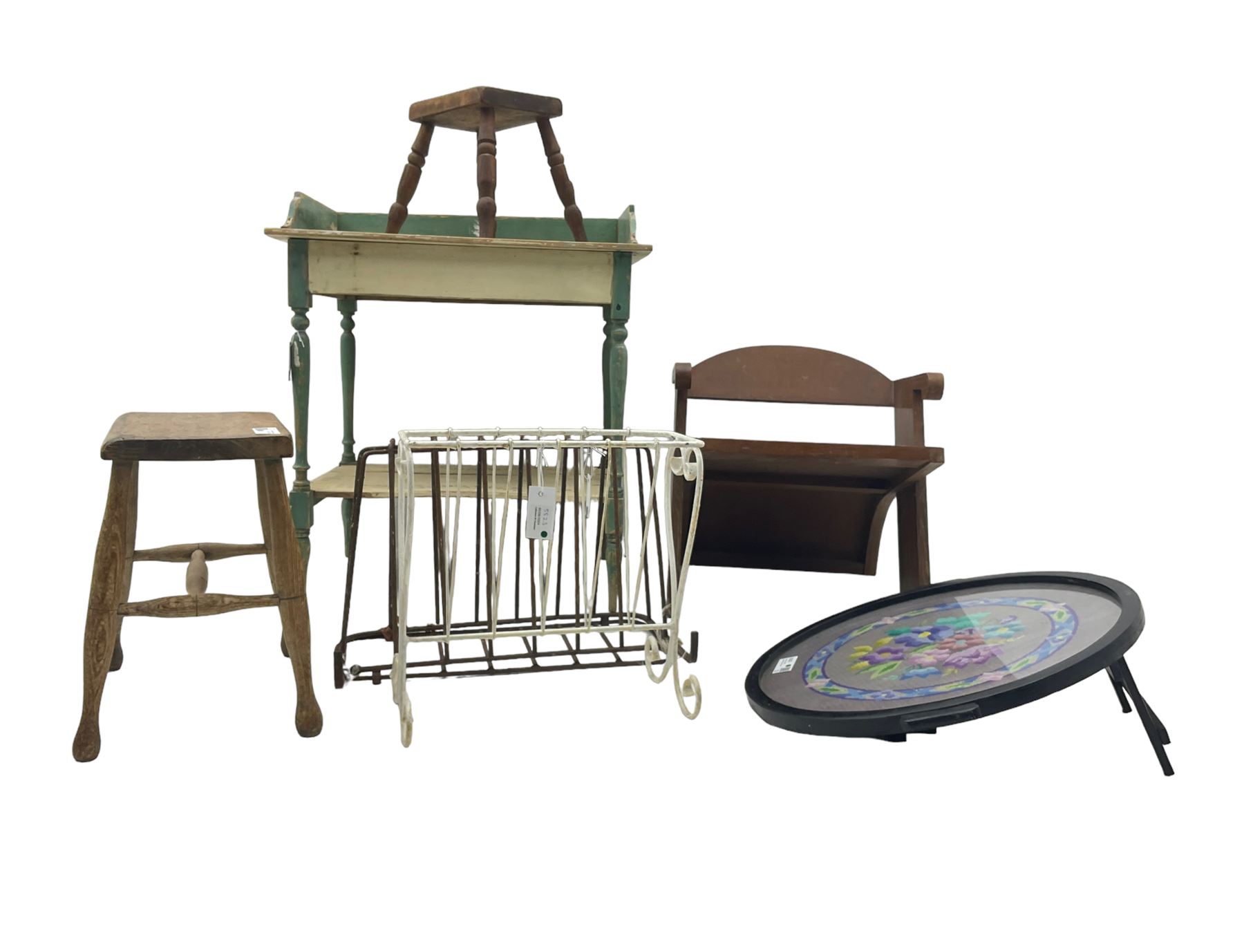 Mid 20th century child's chair, curved backrest and angled armrests (H46cm); painted pine washstand (W67cm, D48cm, H77cm); circular tray with needlepoint inset (D56cm); two stools; two magazine racks (7)