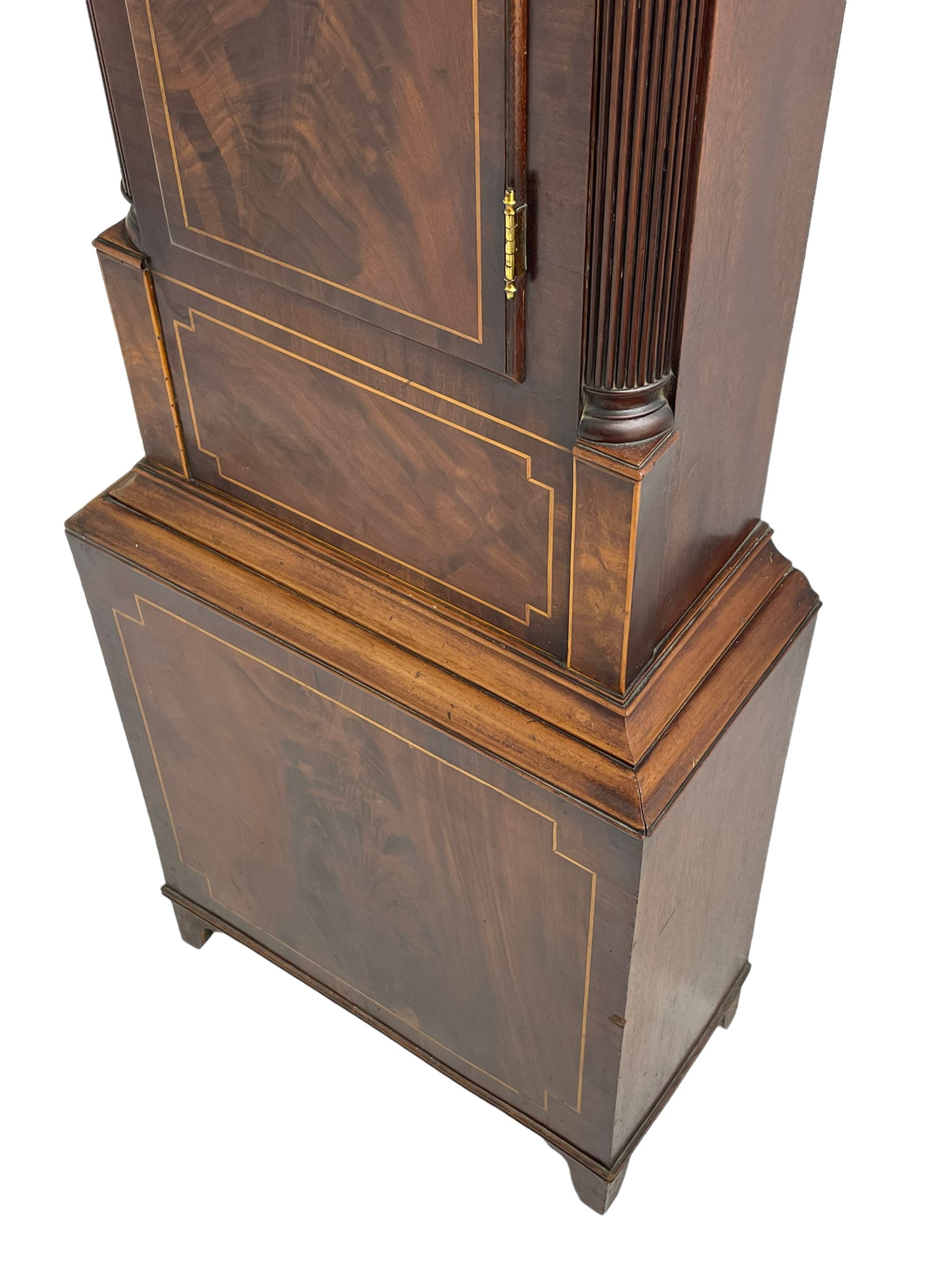 Samuel Ritchie of Forfar - William IV 8-day Scottish longcase clock in a mahogany case, with a swans neck pediment, brass paterae and three ball and spire brass finials, case and trunk inlaid with satinwood stringing on a plinth raised on decorative bracket feet, painted break arch dial depicting a costal scene to the break arch and conch seashells to the spandrels, Roman numerals, subsidiary seconds and date dials with matching steel hands, with a rack striking movement striking the hours on a bell. With weights, key, and pendulum.  Samuel Ritchie is recorded as working in Forfar 1800-37.