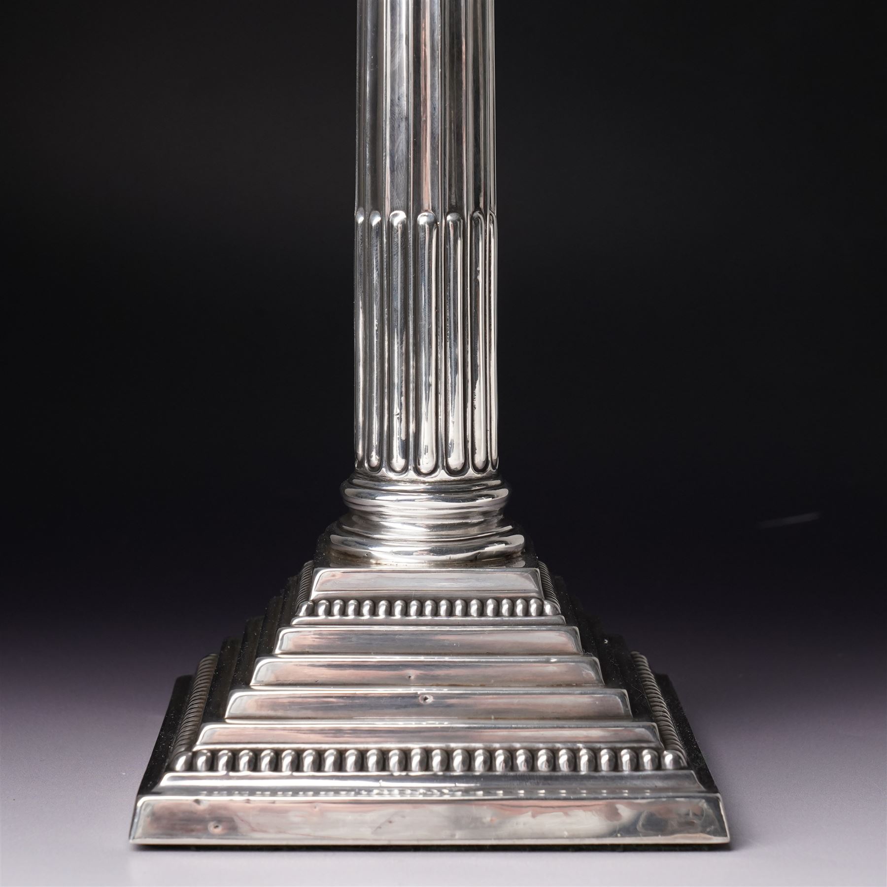 Pair of silver Corinthian column candlesticks with stepped square bases H30cm Birmingham 1968 Makers mark L.D.Ld