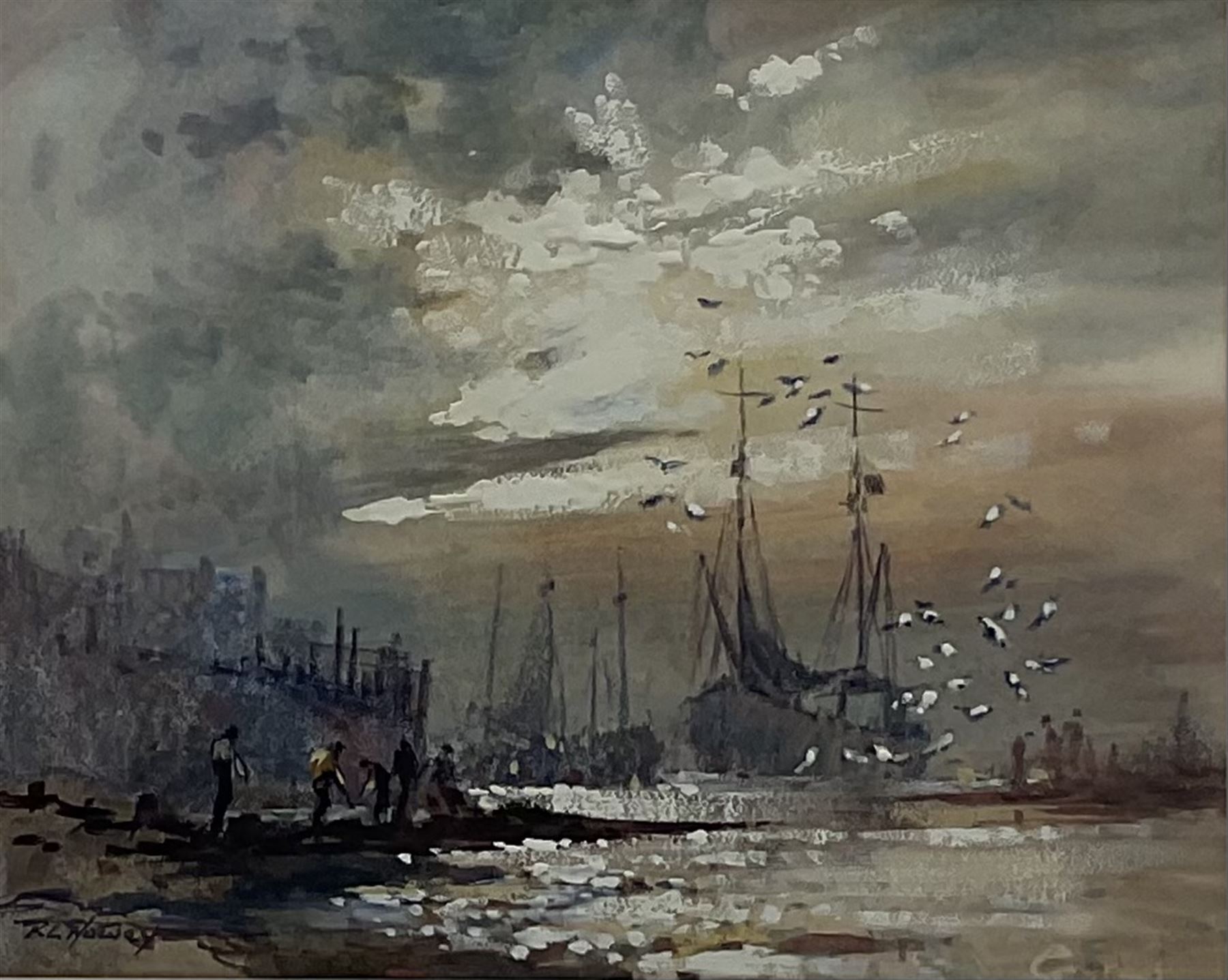 Robert Leslie Howey (British 1900-1981): Fishing Boats at Low Tide, watercolour heightened in white signed 22cm x 27.5cm