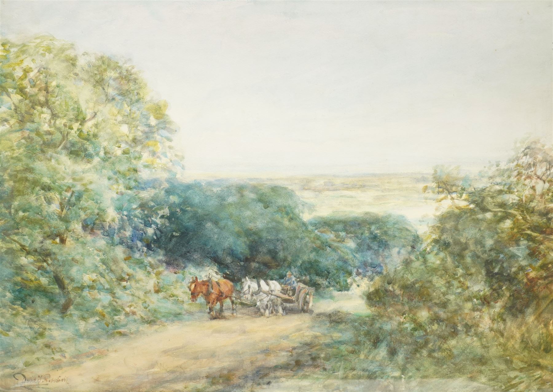 David Thomas Robertson (British 1879-1952): Horse and Cart on Country Lane, watercolour signed 53cm x 74cm