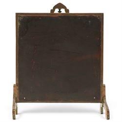 Arts & Crafts copper framed fire screen, the framed decorated in relief with with repeating waves design and floral sprigs to the corners, the central panel painted with stylised birds amongst trees, H80cm  