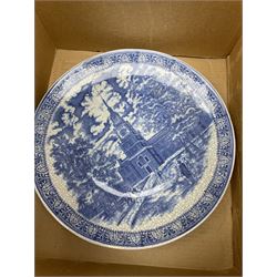 Six Spode Blue Room plates, D23cm, together with a blue and white crackle glaze effect plate, decorated with figures before a building, D32cm.
