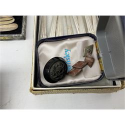 Various collectables, to include bog oak brooch carved with a flower, pair of silver cufflinks, various flatware including boxed and unboxed examples, pocket watches, etc., in one box 