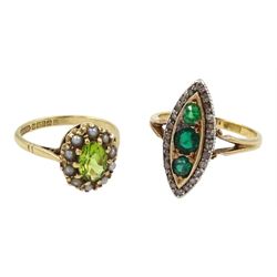 Early 20th century gold green paste stone and diamond marquise shaped ring, stamped 18ct and a later 9ct gold peridot and pearl cluster ring, Birmingham 1963 