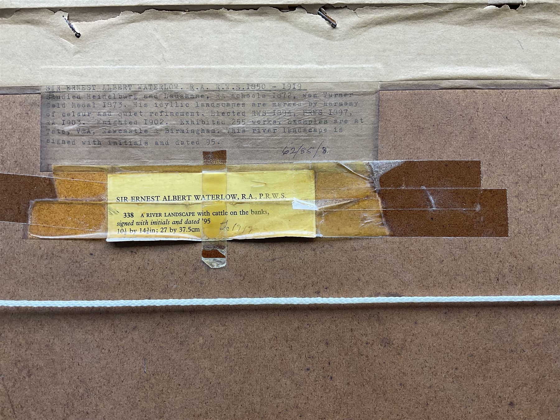 Sir Ernest Albert Waterlow (British 1850-1919): 'A River Landscape with Cattle on the Banks', watercolour signed with initals and dated '95, titled on label verso 26cm x 38cm 