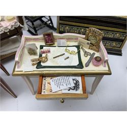 Collection of miniature dolls house furniture, to include five drawer chest painted with blossom, cream and gilt double door mirrored wardrobe, four piece lacquered style desk set, three piece suite, writing desk, wash stand, Knoll style sofa etc (14)