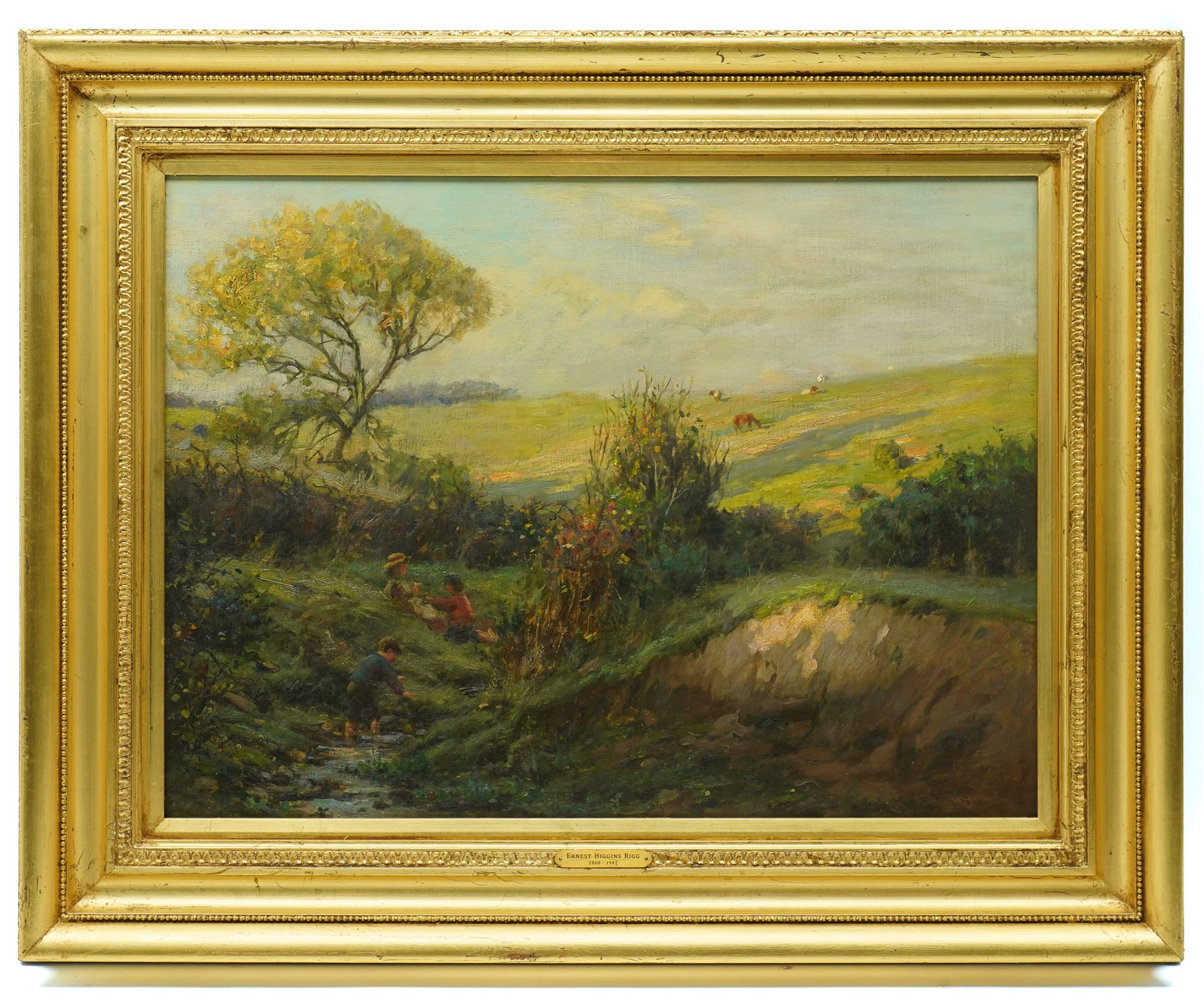 Ernest Higgins Rigg (Staithes Group 1868-1947): Children Playing in a Stream near Staithes, oil on canvas signed 50cm x 67cm
