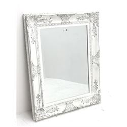 *Rectangular ornate framed mirror, distressed white paint finish, bevelled plate, 75cm x 95cm