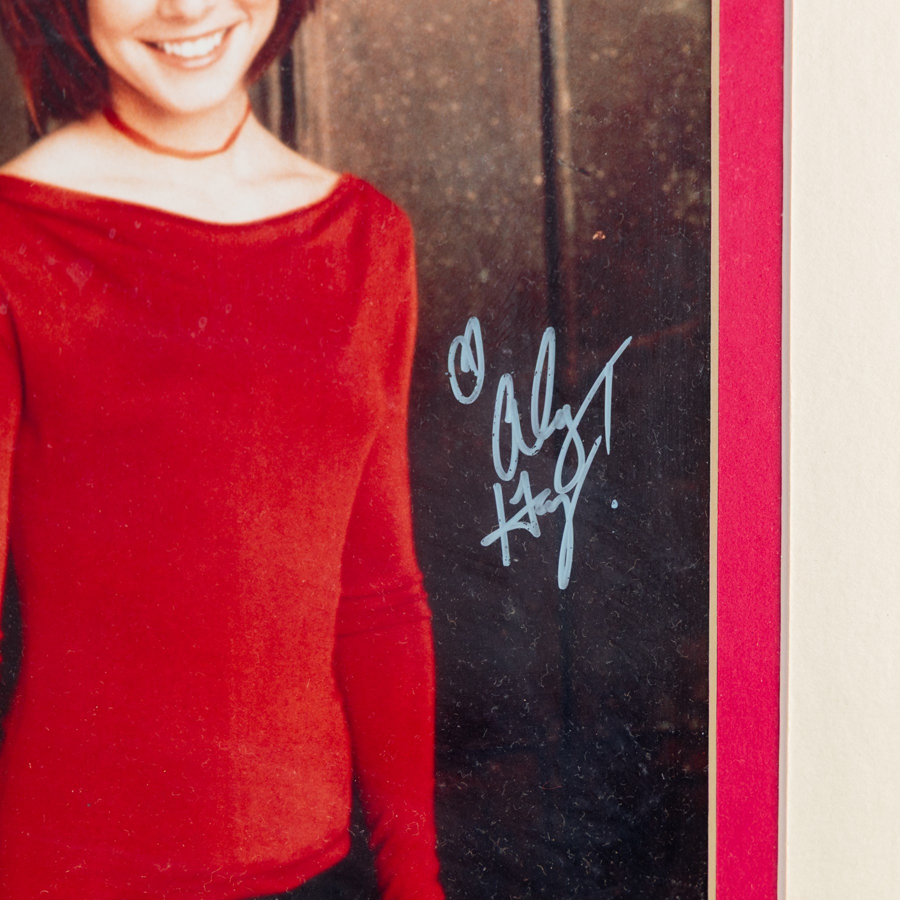 Signed Buffy the Vampire Slayer montage, comprising limited edition print signed by artist Julie Bell to the centre bordered by signed cast photographs to include Sarah Michelle Gellar, Anthony Head, Alyson Hannigan, David Boreanaz, James Marsters and Juliet Landau, in large presentation frame, frame H109cm, W126cm