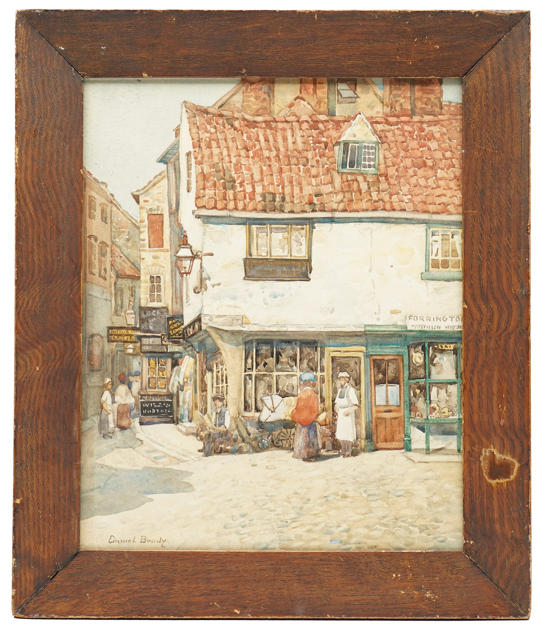 Emmet Brady (Scottish 1846-1933): 'A Corner Shop' Jubbergate - York, watercolour signed, titled on original label verso 31.5cm x 25.5cm