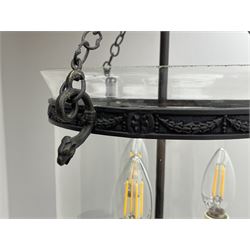 Vaughan Designs - Regency design bronzed metal and glass hall lantern, three branch light in glass bell, the band decorated with bell flower garlands and serpentine mythical beast chain brackets