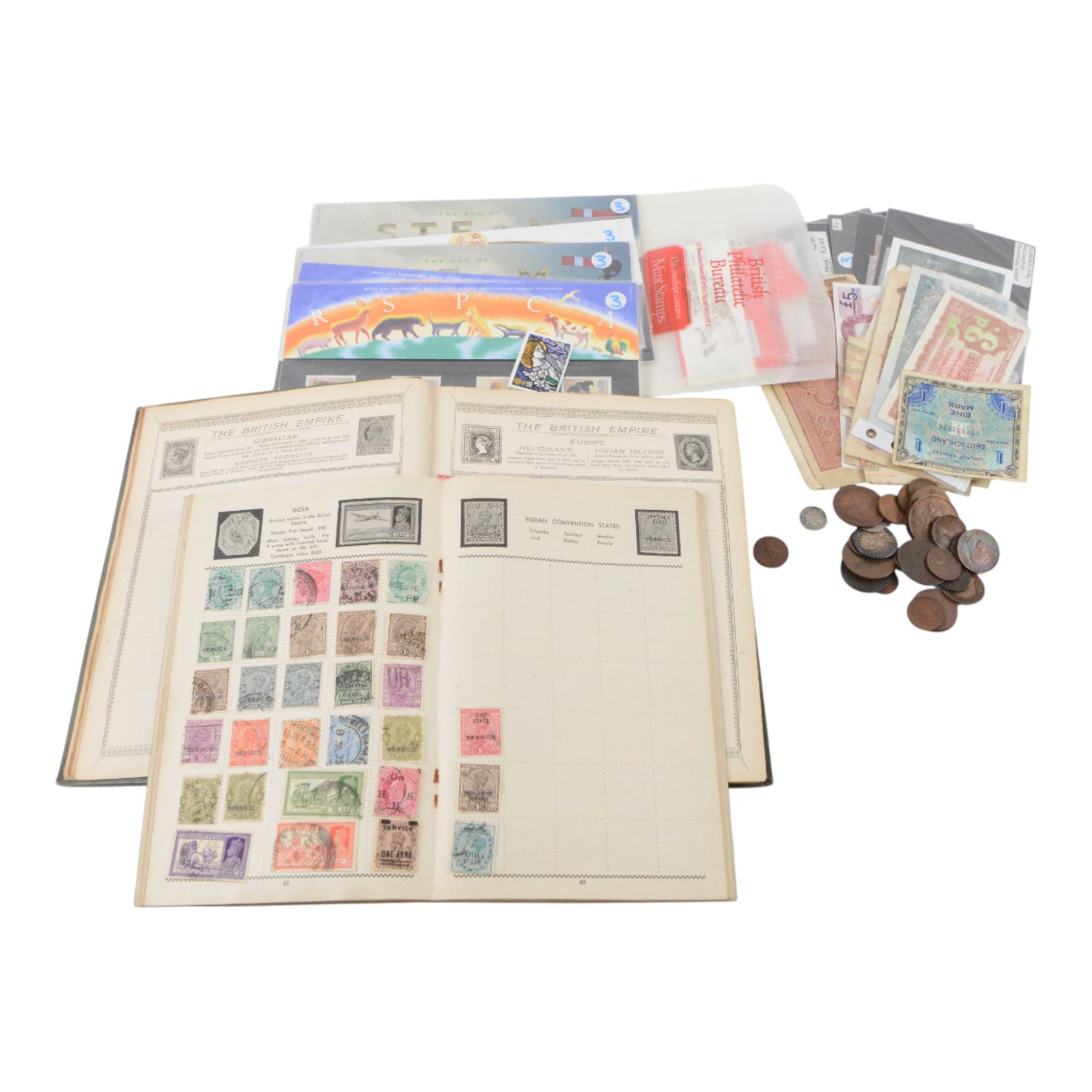 Great British and World coins, banknotes, and stamps, including George II 1758 silver shilling, presentation packs, German notes, etc