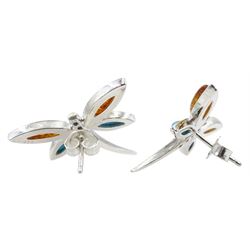 Pair of silver Baltic amber and turquoise dragonfly earrings, stamped 925 