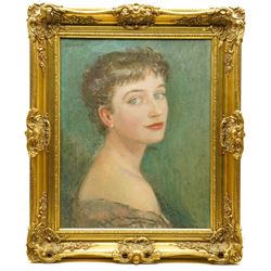 Dona Salmon (British mid-20th century): Portrait of a Lady, oil on canvas signed inscribed and dated 1955, 50cm x 40cm