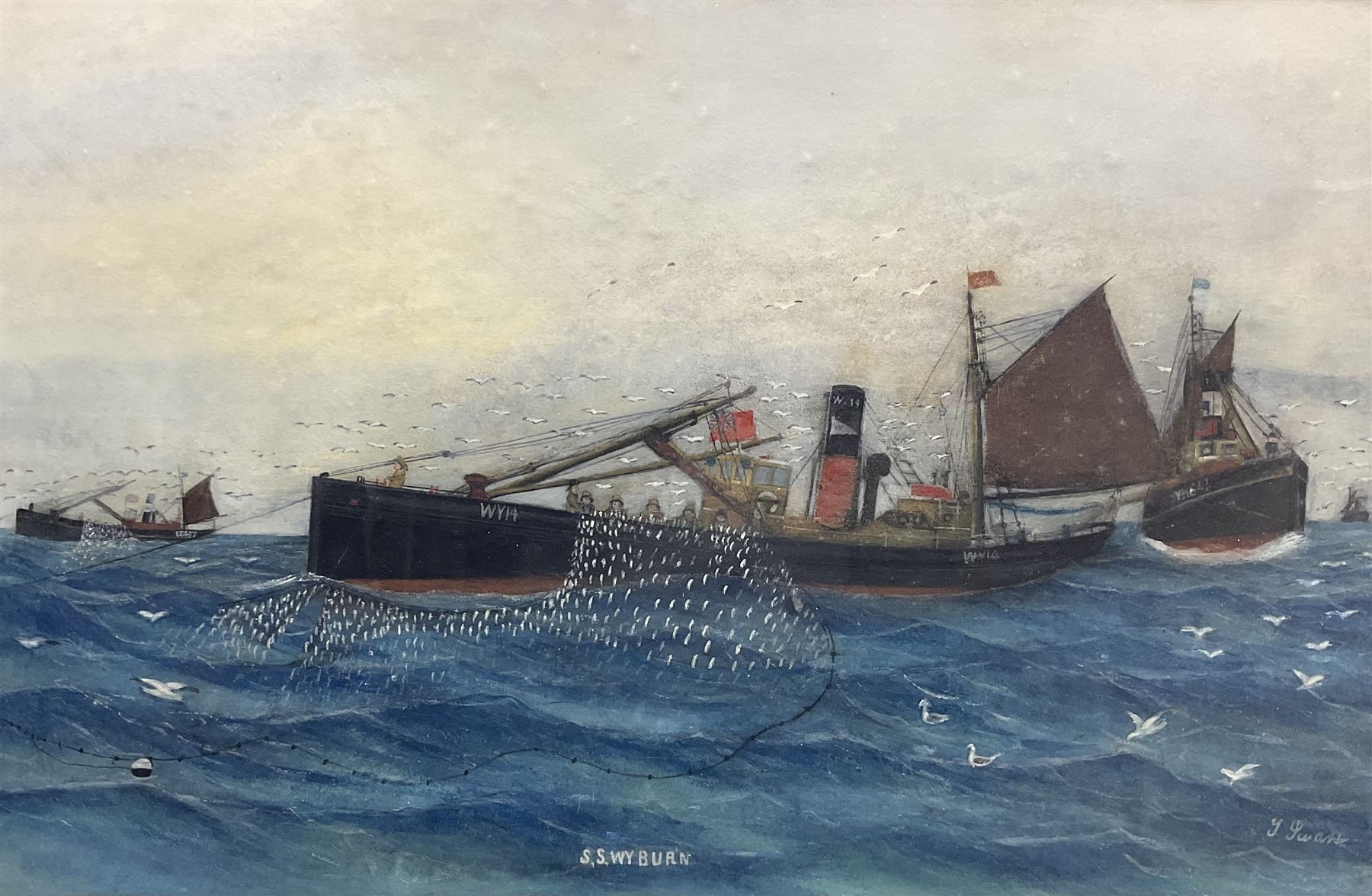 Thompson (Tom) Swan (British 1863-1947): Whitby Drifter WY14 'SS Wyburn' Hauling the Nets, watercolour signed and titled 46cm x 71cm