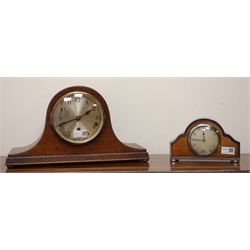  20th century arched oak cased mantle clock with silvered Arabic dial, triple train movement stamped 4304 Westminster striking the quarter hours on rods, with key and pendulum, H25cm and a polished chrome and mahogany arched top presentation timepiece dated 1940 (2)  