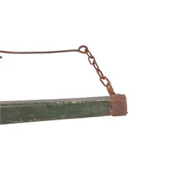 Green painted yoke with iron fittings and hooks, L118cm
