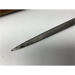 Leather covered swagger/sword stick with 40cm steel blade L62cm overall; another ash sword stick with 30cm diamond section steel blade; pair of fencing foils, the blades marked Solingen; two reproduction flintlock pistols; and 92cm inert cartridge belt (7)