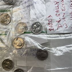 Collection of United States of America coins, 1965 onwards, principally quarter dollars, many with alleged minting errors as annotated on labels