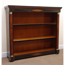  Empire style inlaid ash curl  open bookcase, projecting cornice, two adjustable shelves flanked by blind columns, bun feet,  W141cm, H126cm, D40cm  