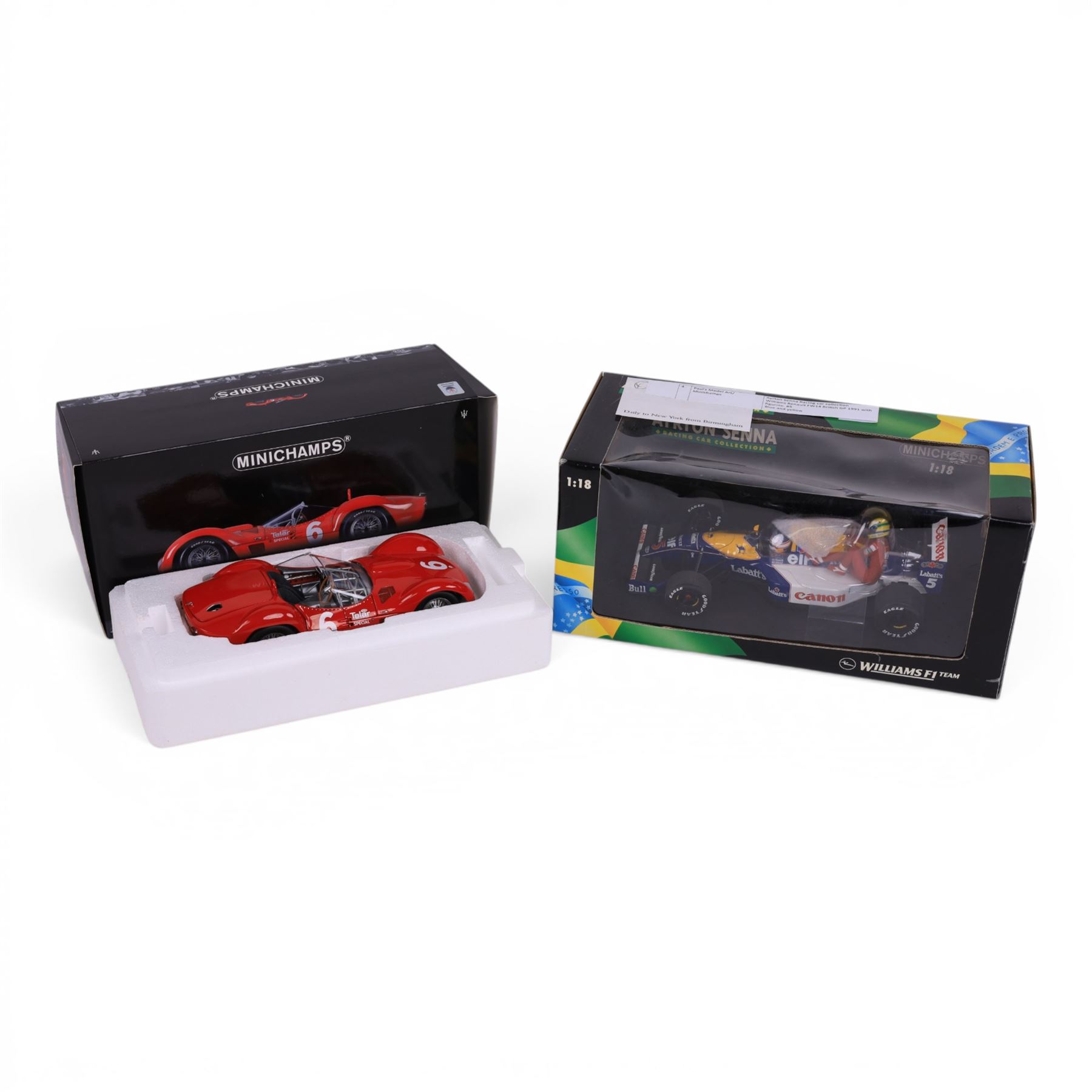 Minichamps 1:18 Maserati Tipo 61 Meadowdale SCCA National Race 1961 #6 car, together with Paul's Model Art Minichamps 1:18 Ayrton Senna Racing Car Collection British Grand Prix 1991 Williams Renault FW14 #5 car, both boxed (2)